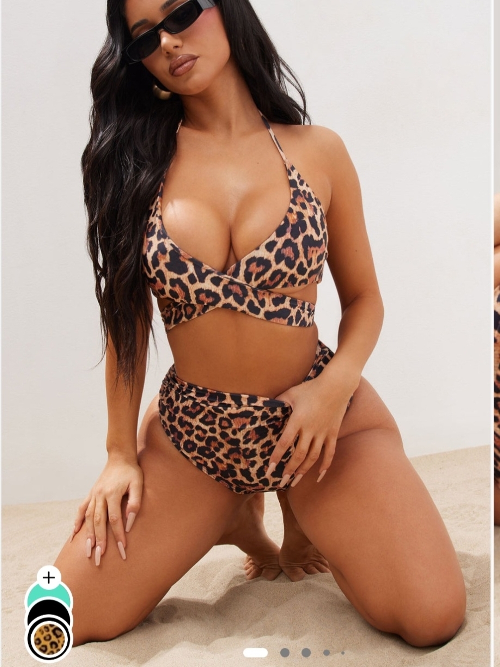 Leopard Print Wrap Bikini Top and High Waist Bottoms - Brown